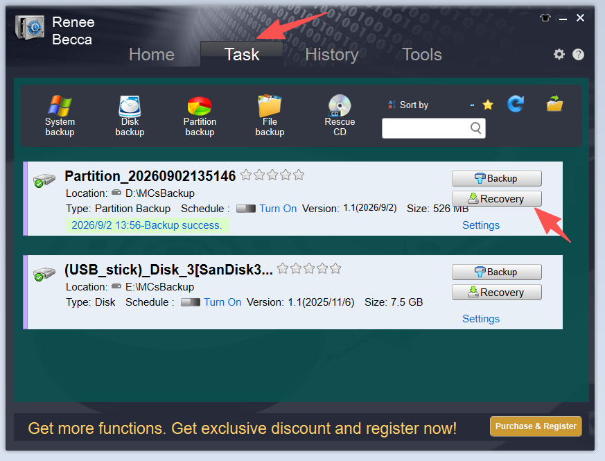 Restore a partition backup image in Renee Becca