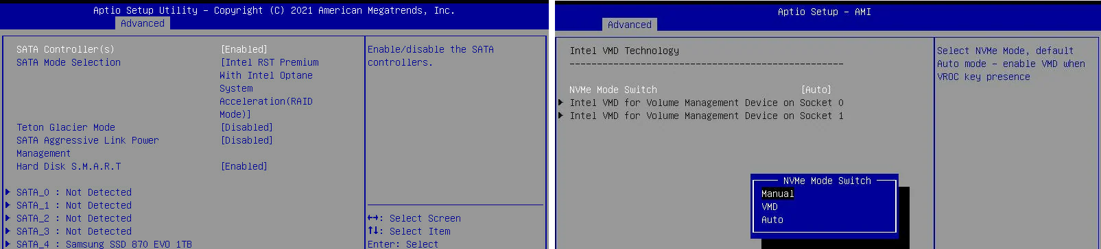 toggle intel vmd or rst mode in BIOS