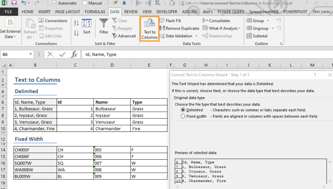 Data > Text to Columns in Excel