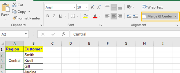 merge & center excel