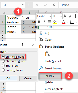 Shift cells right in excel