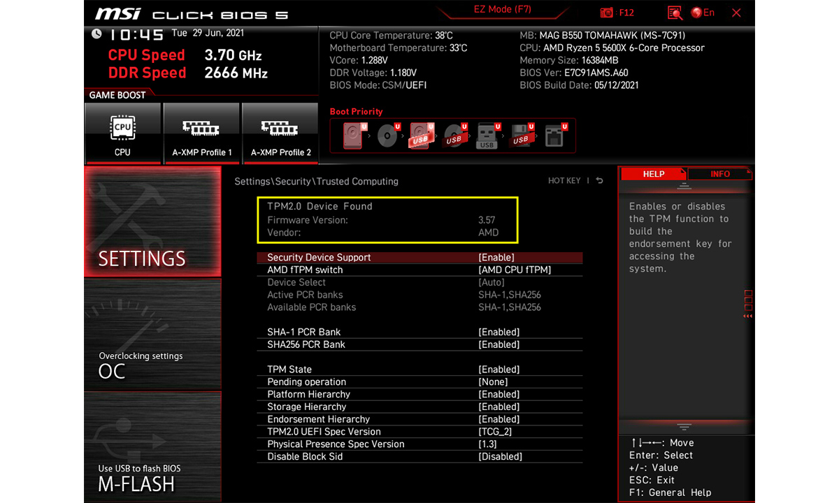 TPM status in BIOS
